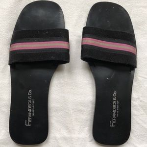 Italian slides black suede and grosgrain ribbon